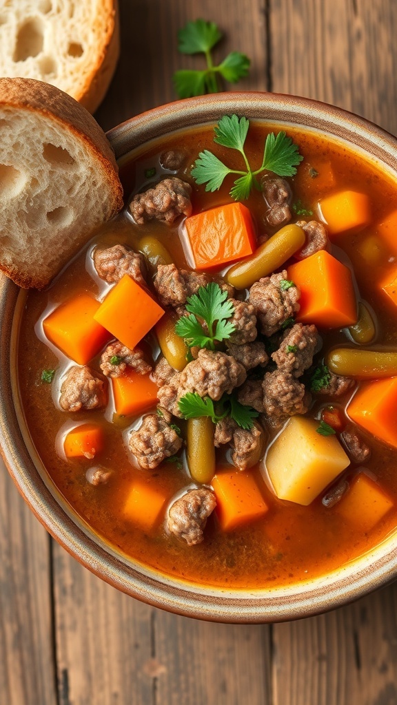 A bowl of hamburger soup with ground beef, carrots, green beans, and parsley on a rustic table with bread.